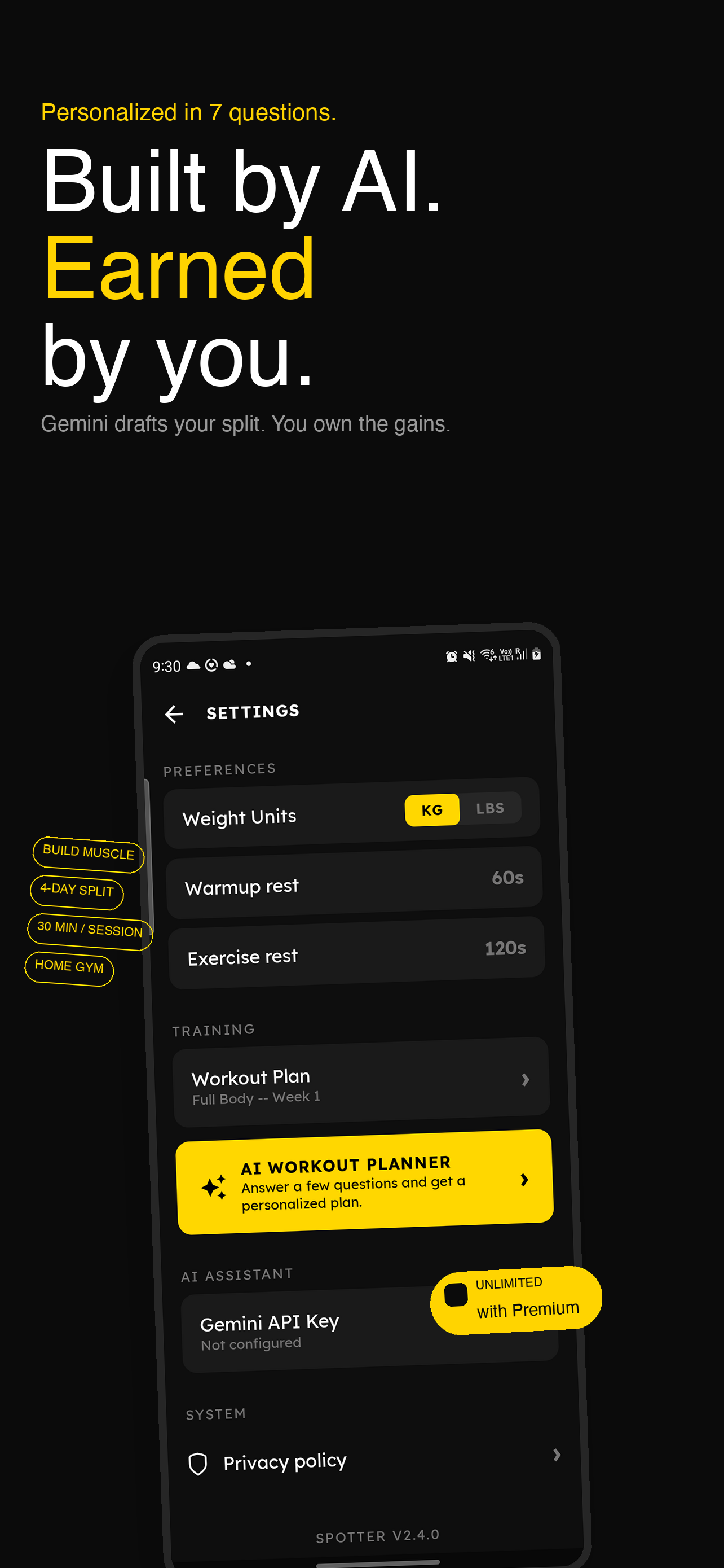 Built by AI, earned by you — Gemini-drafted workout plans.